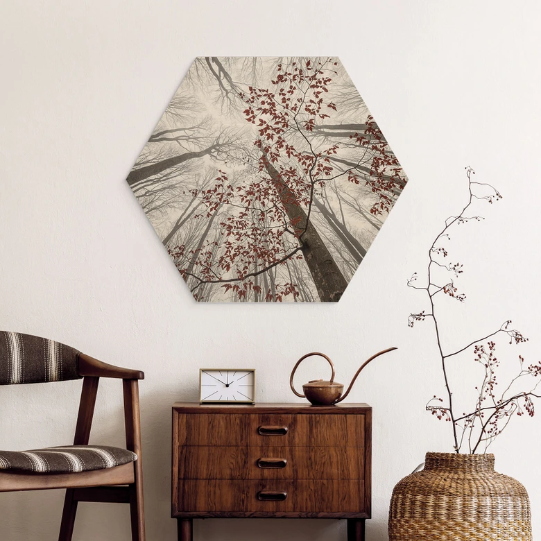 Hexagon Hout Boomtoppen met rode bladeren - Coman 
