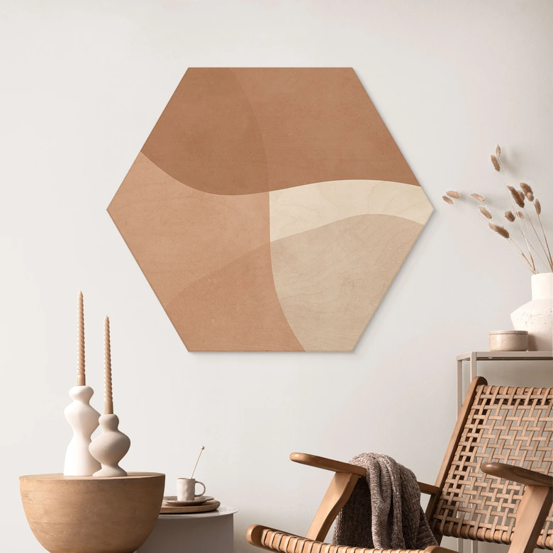 Tableau sur bois Hexagon Boho formes aquarelles dans les tons bruns - Costa 