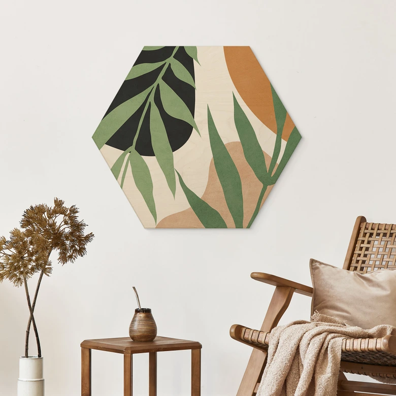 Hexagon Holzbild Grüne Zweige im Dschungel - Costa 