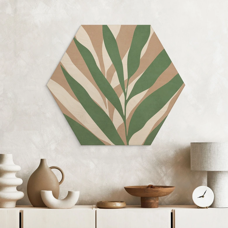 Houten Wanddecoratie in zeshoek Tropische takken in een zacht kleurenspel - Costa 