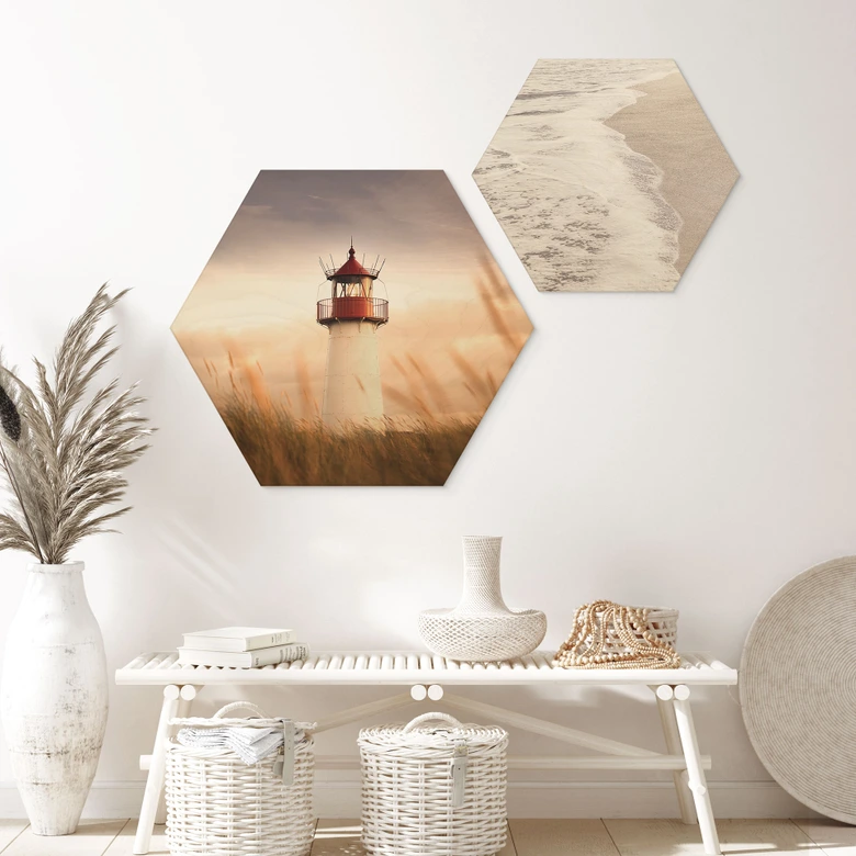 Hexagon Holzbild Leuchtturm an der Küste von Sylt - Eisenmann 