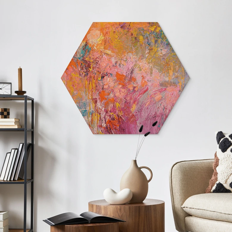 Hexagon Holzbild Abstrakter bunter Rosengarten - Fagan 