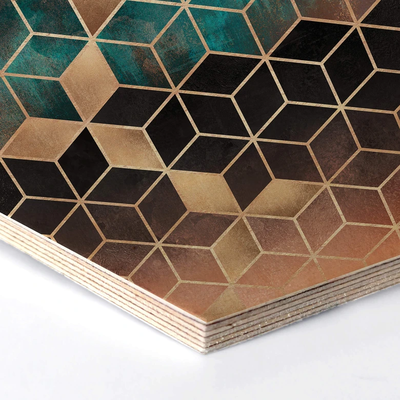 Hexagon - Holz Birke-Furnier Fredriksson - Goldgrüne Geometrie 