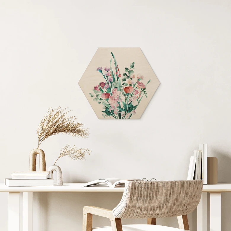 Hexagon Holzbild Wildblumen Bouquet im Frühling - Goed Blauw 