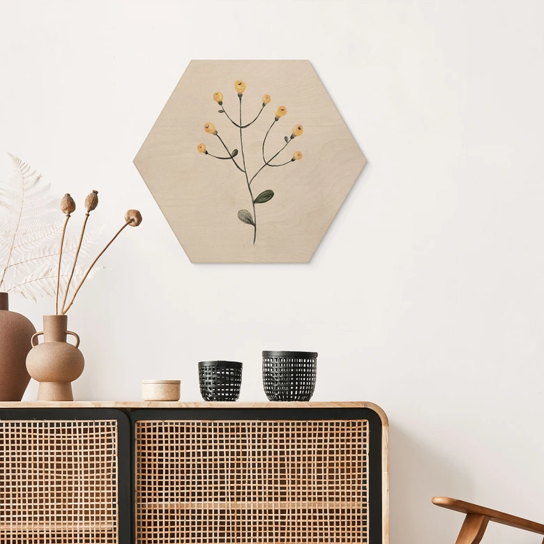 Hexagon Holzbild Zarte Pflanze mit gelben Blüten - Goed Blauw 