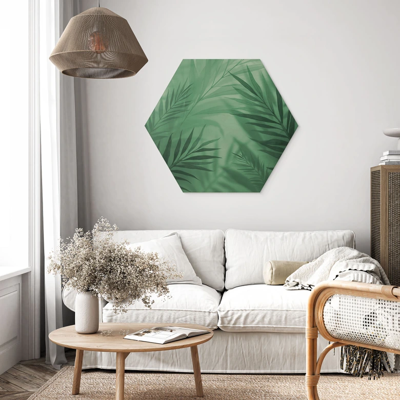 Hexagon-Holzbild Grüne Palmenblätter 