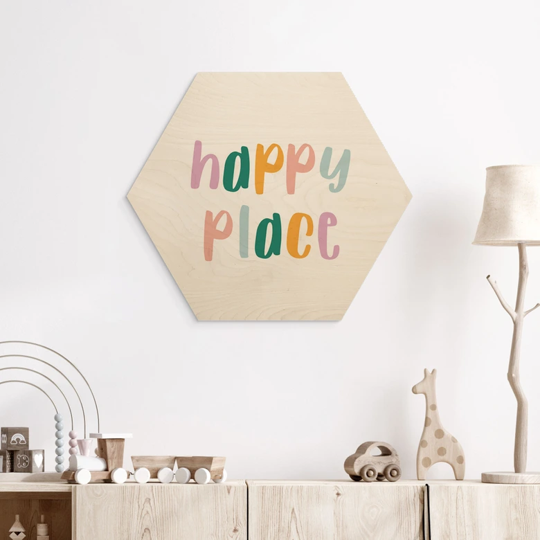 Hexagon Holzbild mit Spruch - Happy place - Kinderzimmer 