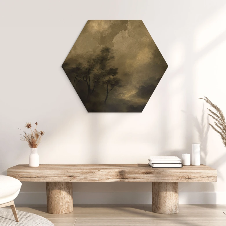 Hexagon Holzbild Bäume im Nebel der Dämmerung - Hobday 