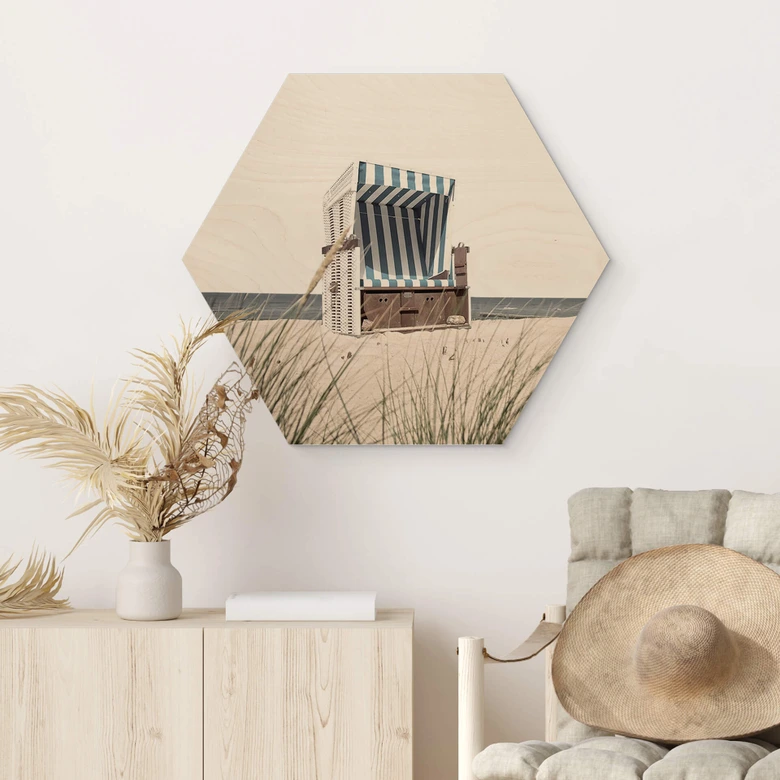 Hexagon Holzbild Strandkorb an der Ostsee 