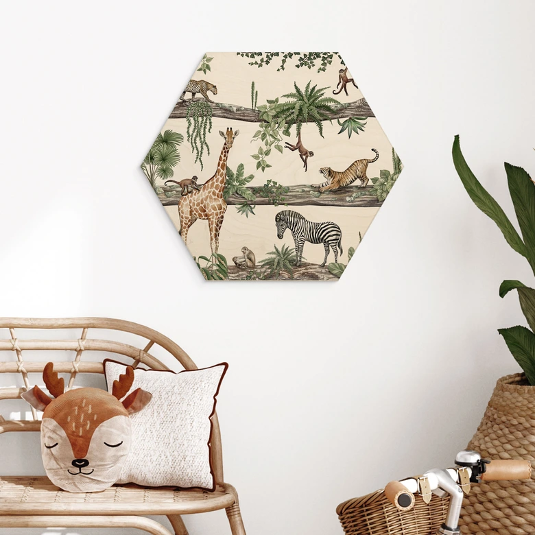 Hexagon Holzbild Afrikanische Tiere im Dschungel - Kikki Belle 