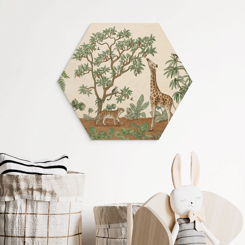Tableau sur bois Hexagon Objets cachés Animaux de la jungle - Kikki Belle 