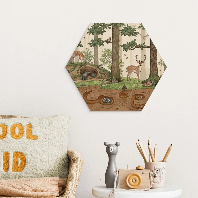 Hexagon Holzbild Wimmelbild Waldtiere - Kikki Belle 