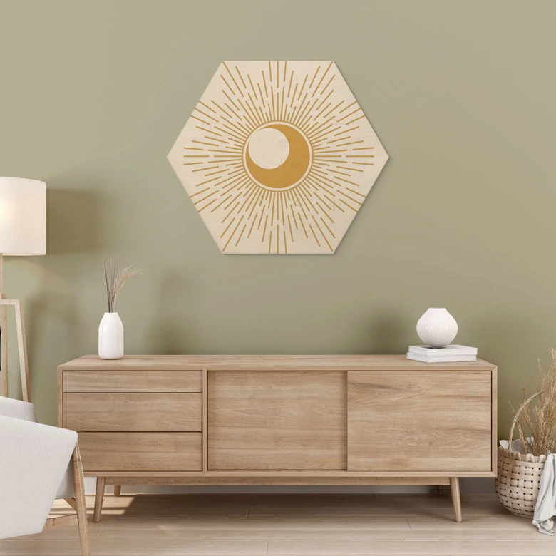 Hexagon Holzbild Goldene Sonnenstrahlen - KsanaKalpa 