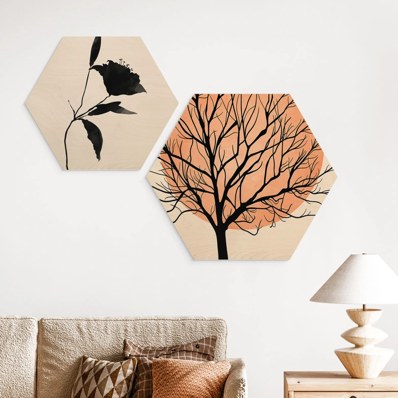 Hexagon-Holzbild Apricotfarbene Sonne - Kubistika 