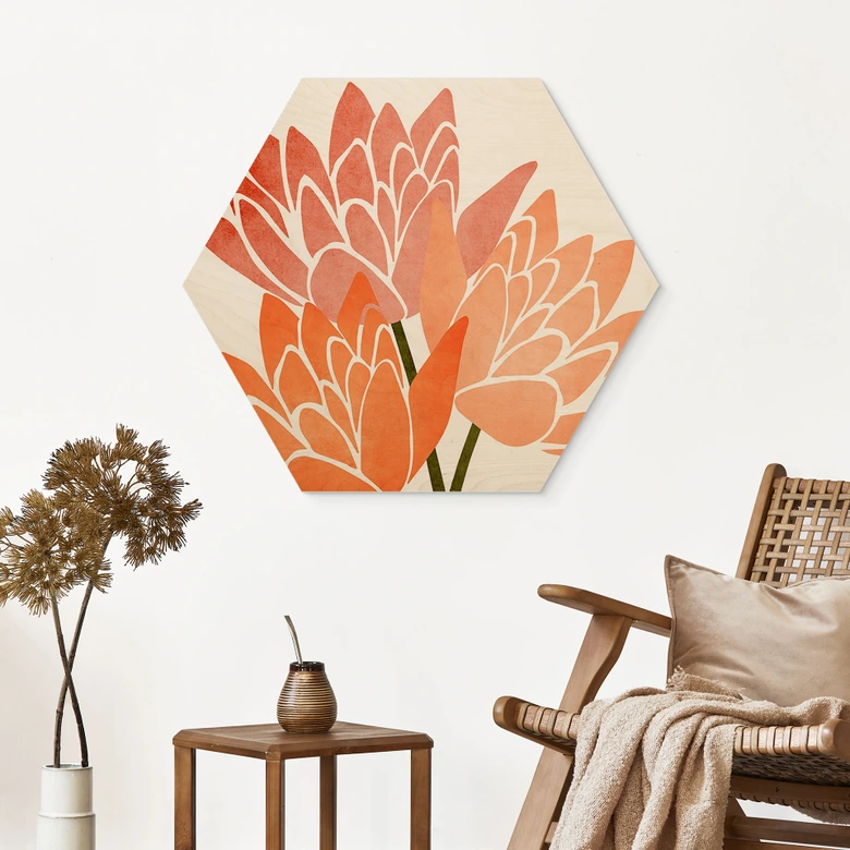 Hexagon Holzbild Farbenfrohe Lotusblumen - Kubistika 
