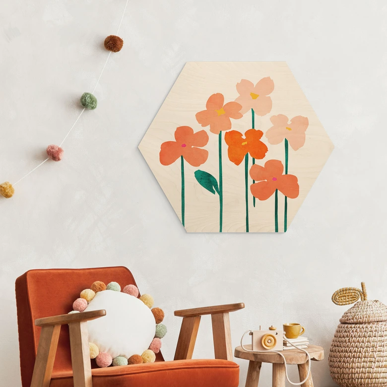 Hexagon Holzbild Kleine Blumen in Peach-Farben - Kubistika 
