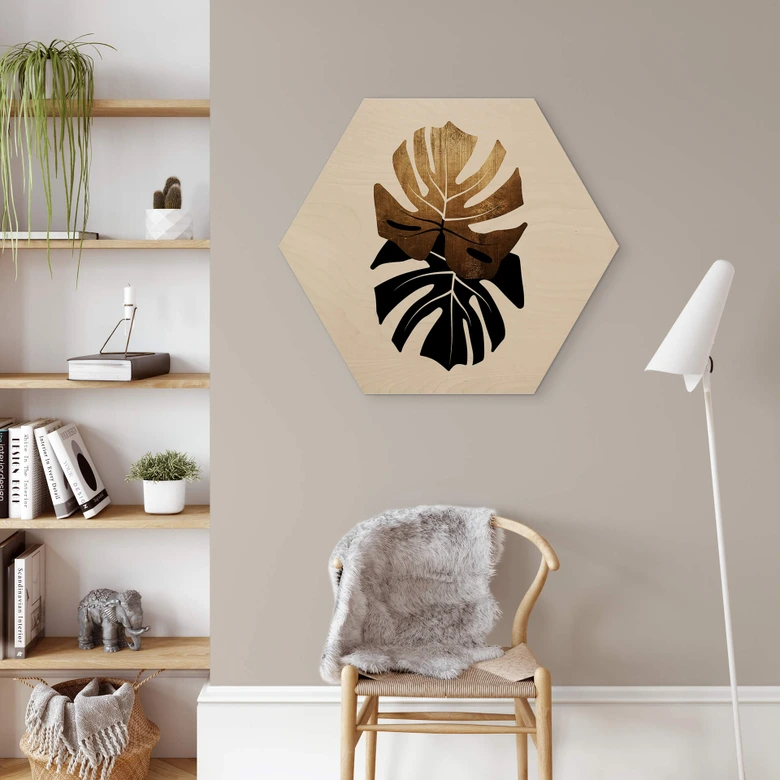 Hexagon - Holz Kubistika - Schwarz-goldene Monstera Blätter 