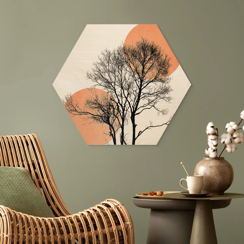 Hexagon Hout Zon en maan in oranje - Kubistika 