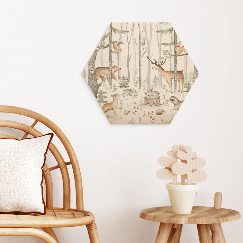 Hexagon Holzbild Abenteuer mit Waldtieren - Kvilis 