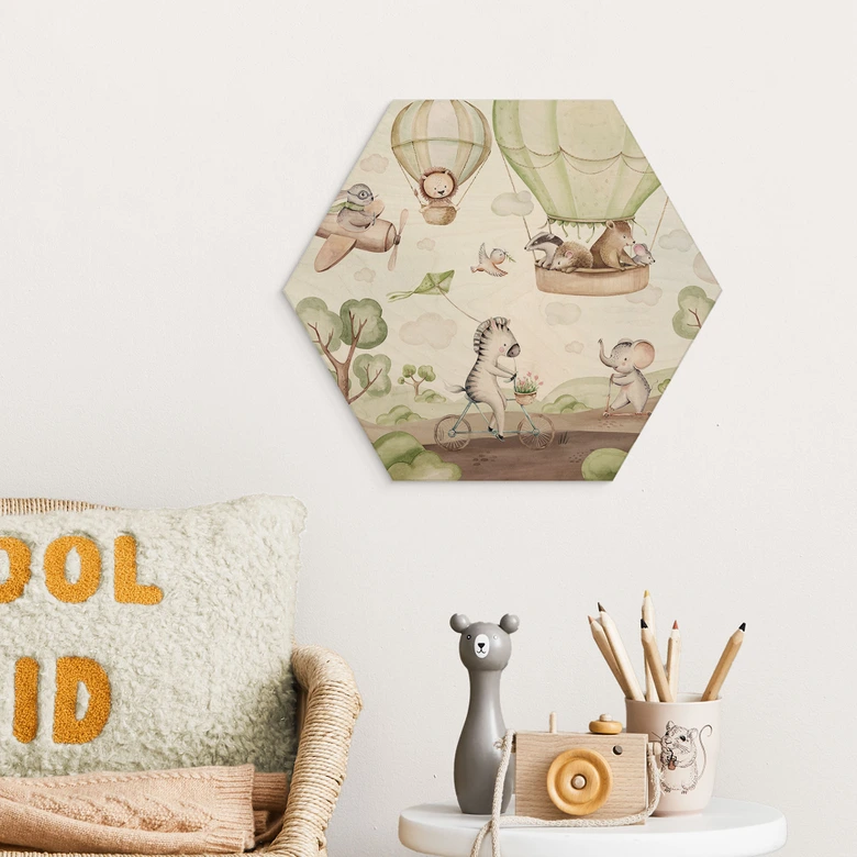Hexagon Holzbild Ballonfahrt der Tierfreunde - Kvilis 
