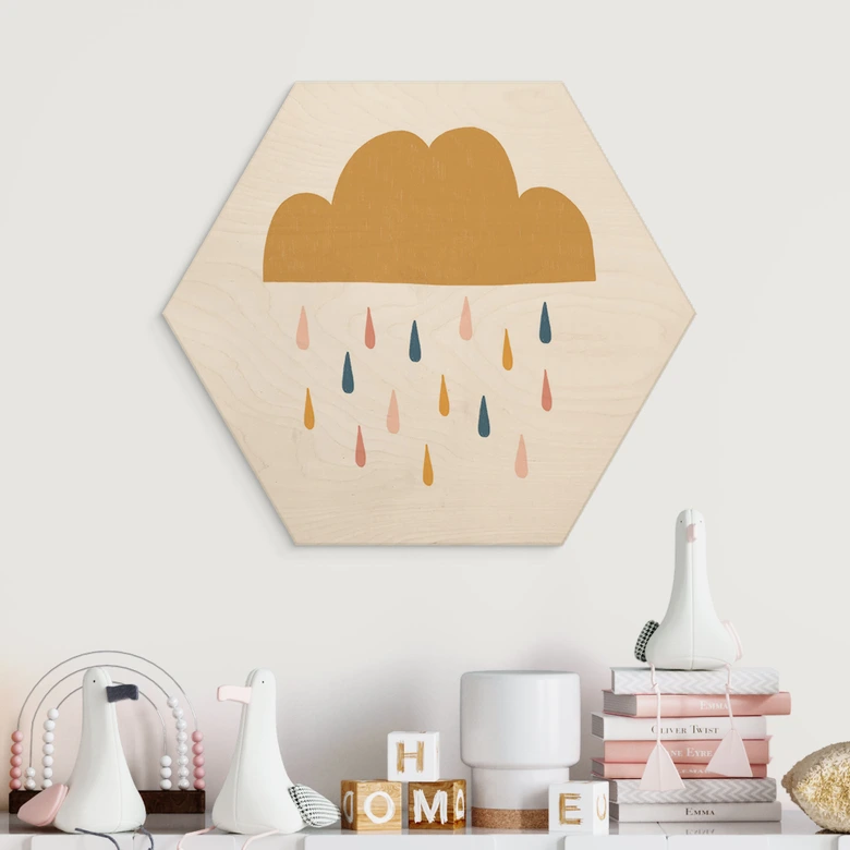 Hexagon Holzbild Fröhlicher Regen in Pastelltönen - Menina Lisboa 