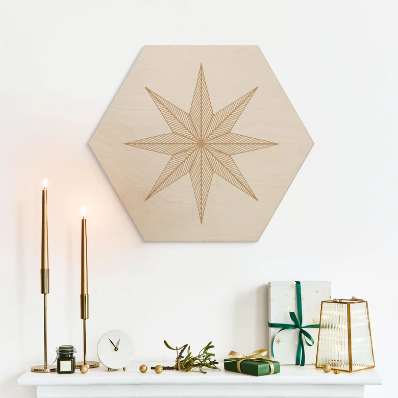 Houten Wanddecoratie zeshoek Geometrische gouden ster - Magnusson 