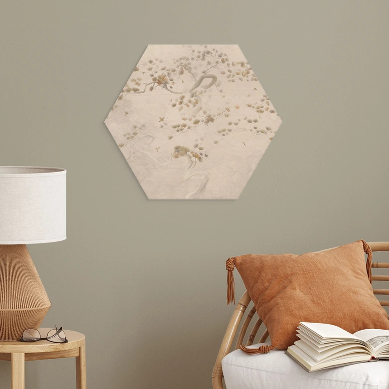 Hexagon Holzbild Elegante Kiefer im asiatischen Stil - Ms Tiff 