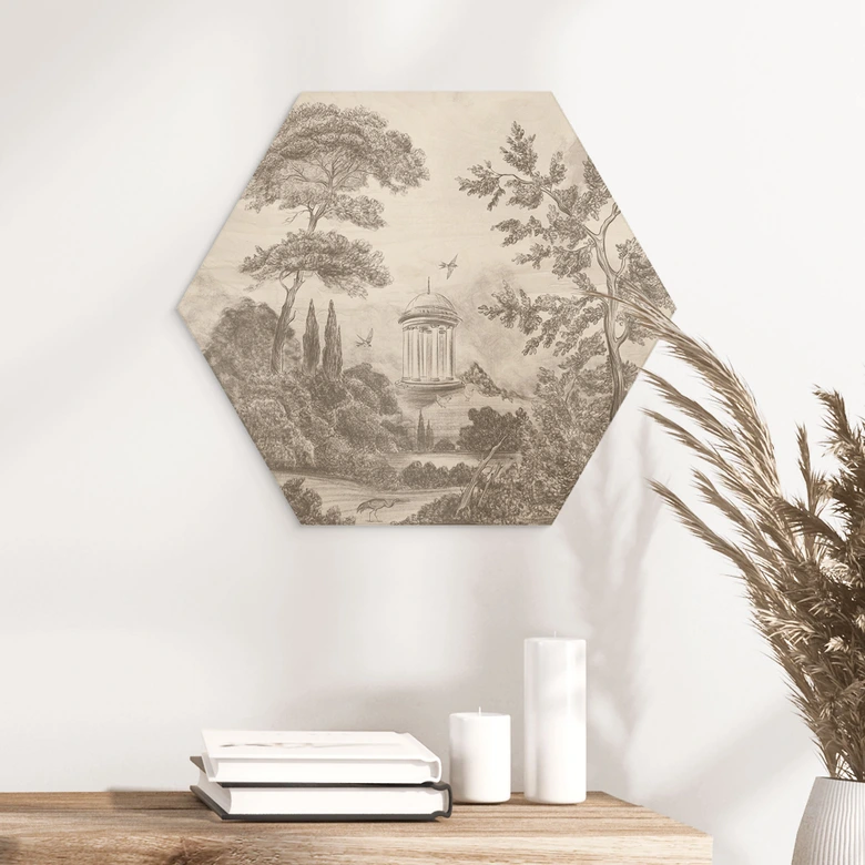 Hexagon Holzbild Landschaft mit Gartenlandschaft in Beige - Ms Tiff 