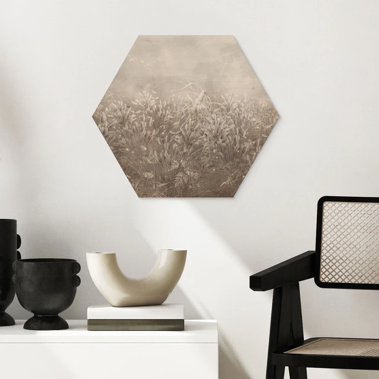 Hexagon Holzbild Pampasgras und Gräser in Beige - Ms Tiff 