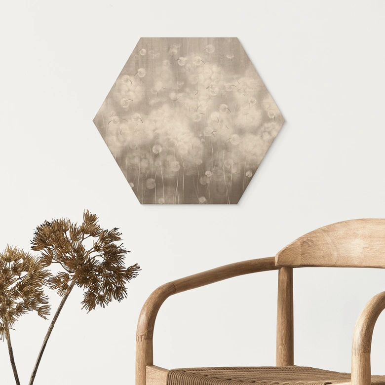 Hexagon Holzbild Pusteblumen Traum in Beige - Ms Tiff 