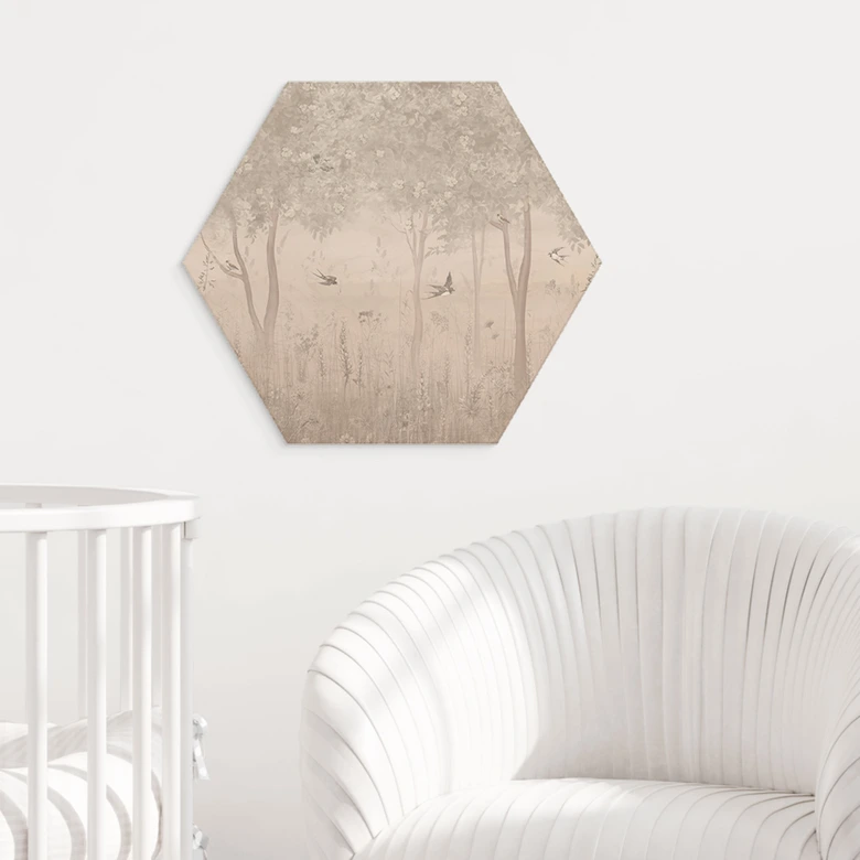 Hexagon Holzbild Sommerliche Schwalben im Blütenwald - Ms Tiff 