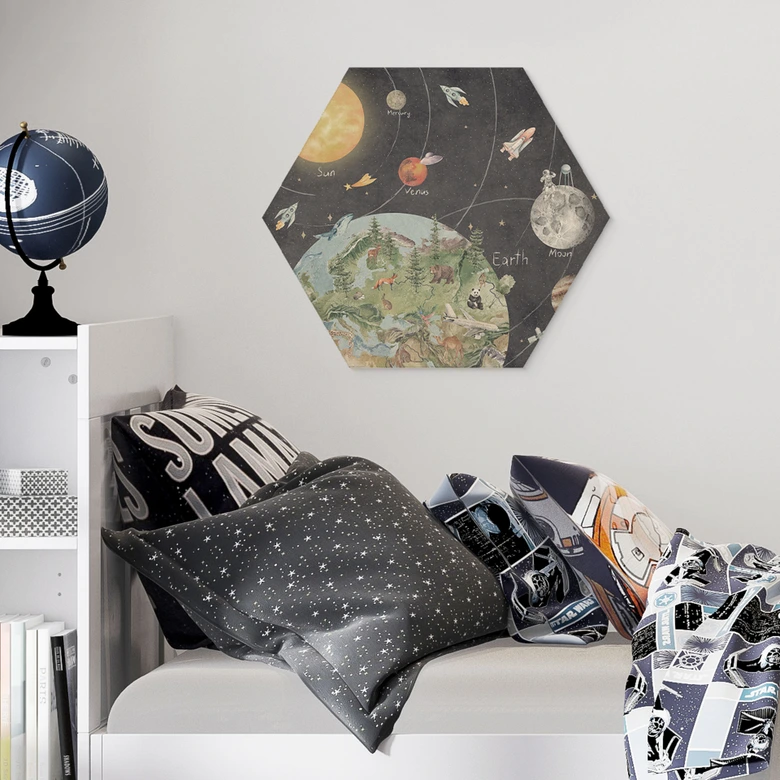 Houten Wanddecoratie zonnestelsel met planeten en aarde - Ms Tiff 