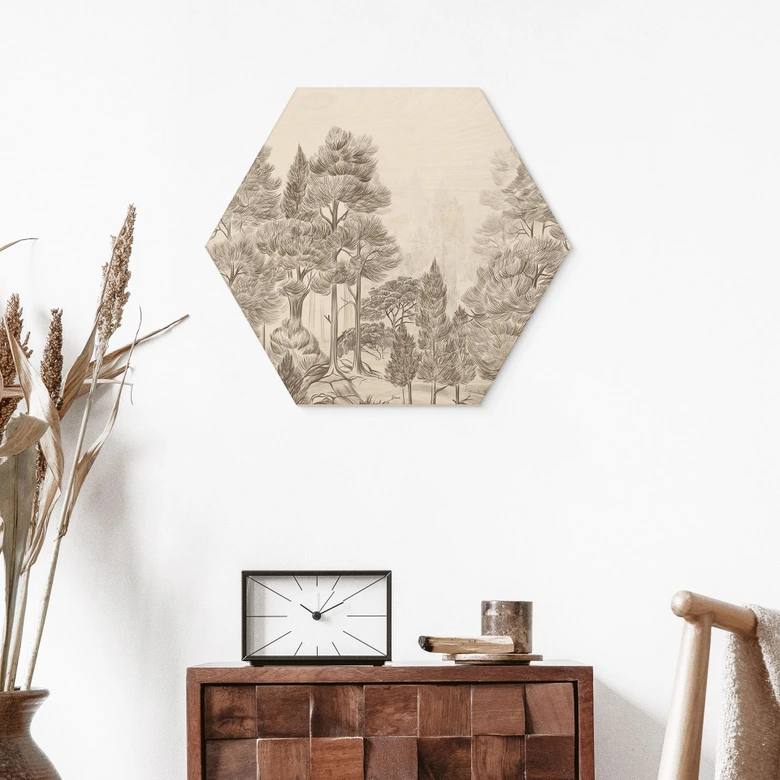 Hexagon Holzbild Wald mit Waldlandschaft in Beige - Ms Tiff 