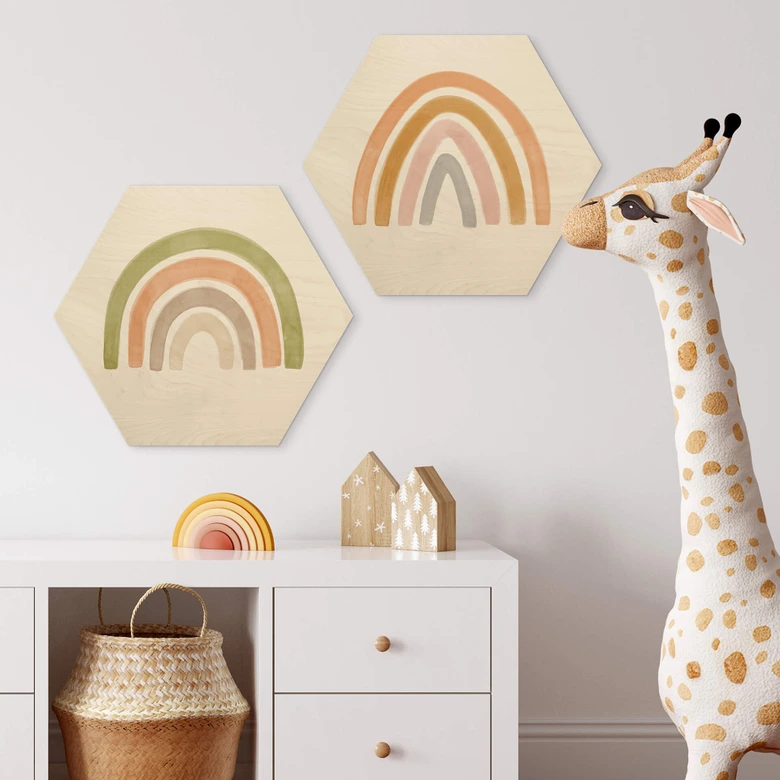 Hexagon - Holz Nouveauprints - Regenbogen Aquarell 