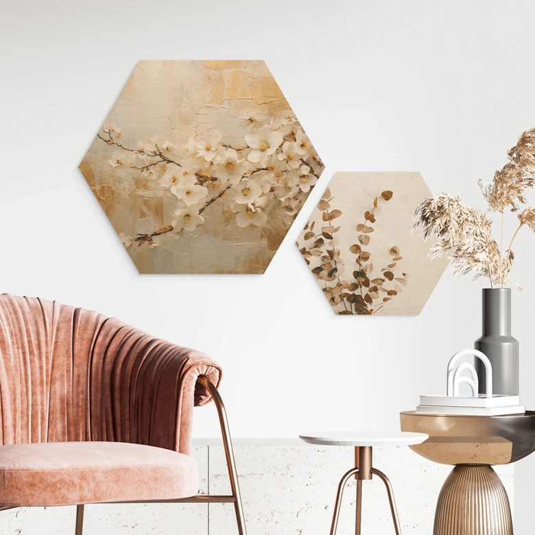 Hexagon Holzbild Blütenzweig auf Vintage-Gold - Paksoylu 