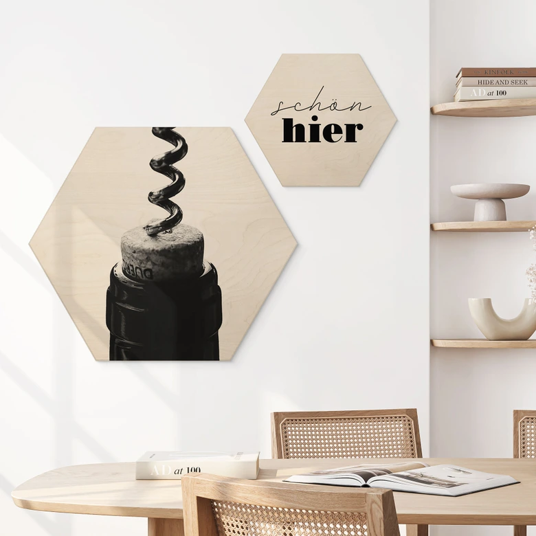 Hexagon Hout Wijn met kurkentrekker - Pictufy Studio 