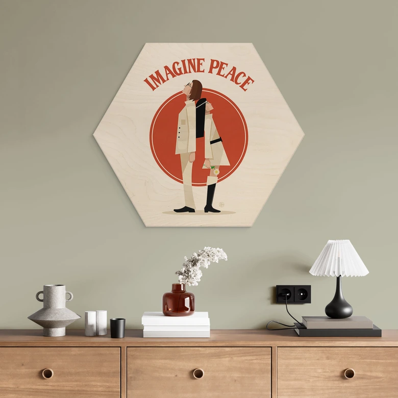Hexagon Holzbild Imagine Peace - Zwei für Frieden und Hoffnung - Retrodrome 