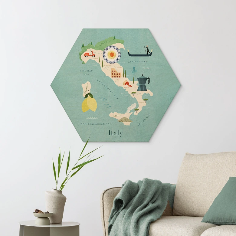 Hexagon Holzbild Karte von Italien - Rivers 