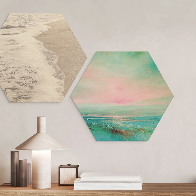 Hexagon Holzbild Türkisfarbenes Meer im Abendlicht - Schmucker 