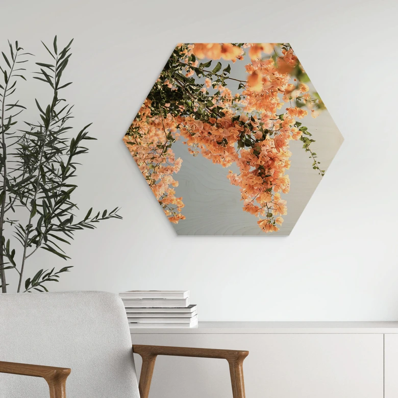 Hexagon Holzbild Pfirsichfarbene Blüten in Assos - Shot by Clint 