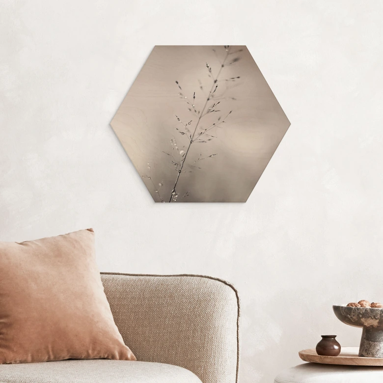 Hexagon Holzbild Grashalm mit Tautropfen - Sillen 