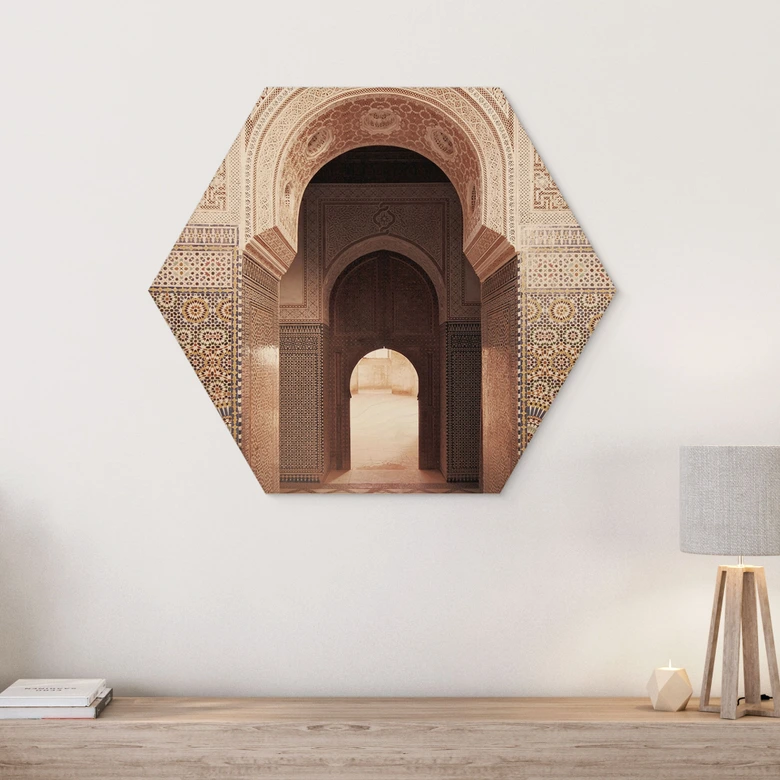 Tableau sur bois hexagonal Porte orientale avec mosaïques - Sisi & Seb 