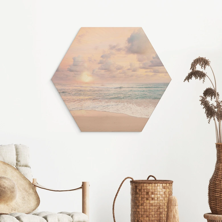 Tableau sur bois hexagonal Coucher de soleil sur la plage et la mer - Sisi & Seb 