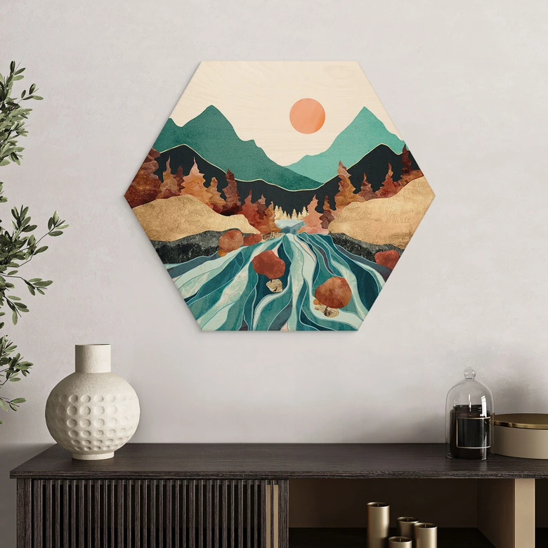 Hexagon-Holzbild Berg Land Fluss - SpaceFrog Designs 