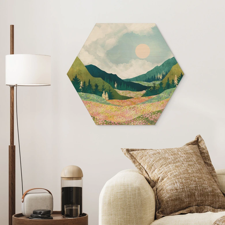 Hexagon-Holzbild Farbenfrohe Frühlingswiese - SpaceFrog Designs 