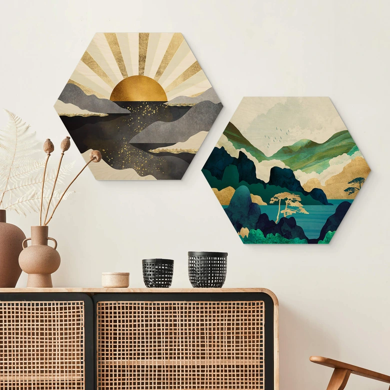Hexagon Holzbild SpaceFrog Designs - In den Bergen 
