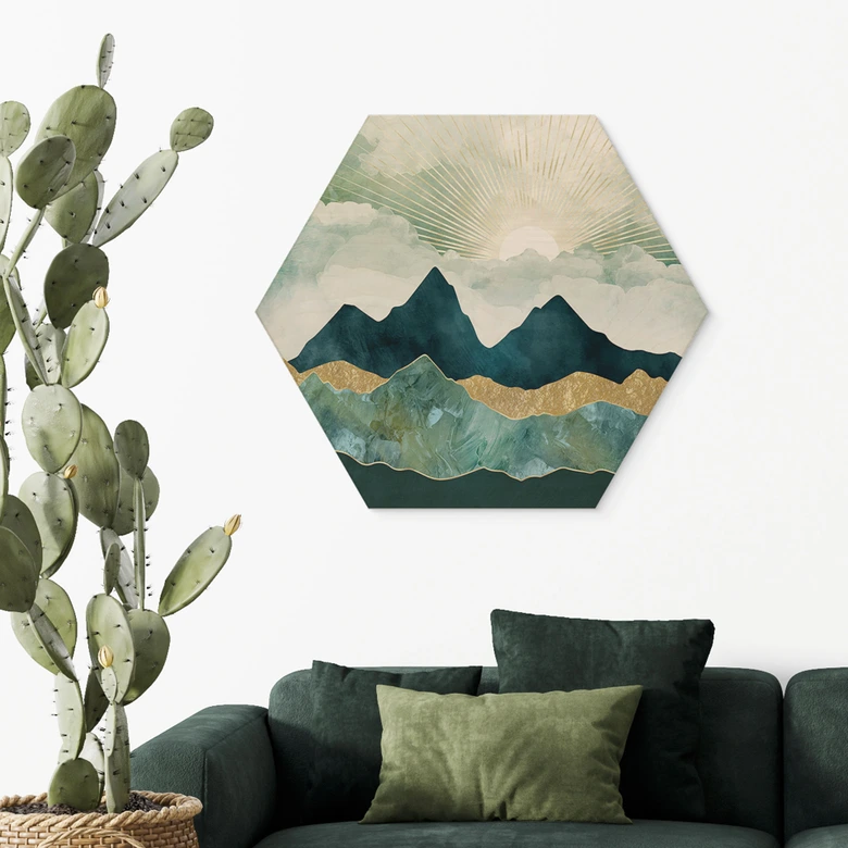 Hexagon Holzbild Sonnige Landschaft in Blau und Gold - SpaceFrog Designs 