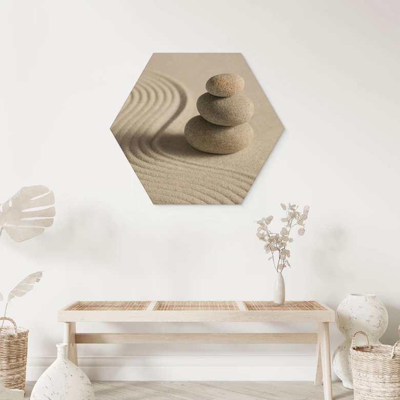 Hexagon Holzbild Stone in Sand 2 