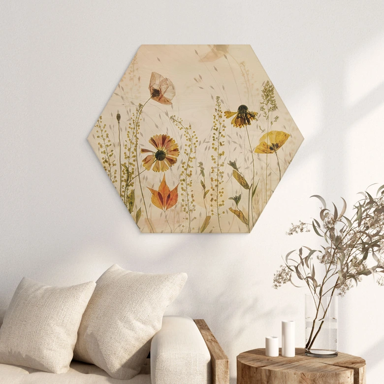 Houten zeshoekige foto Wilde weidebloemen in het zonlicht - Talen 