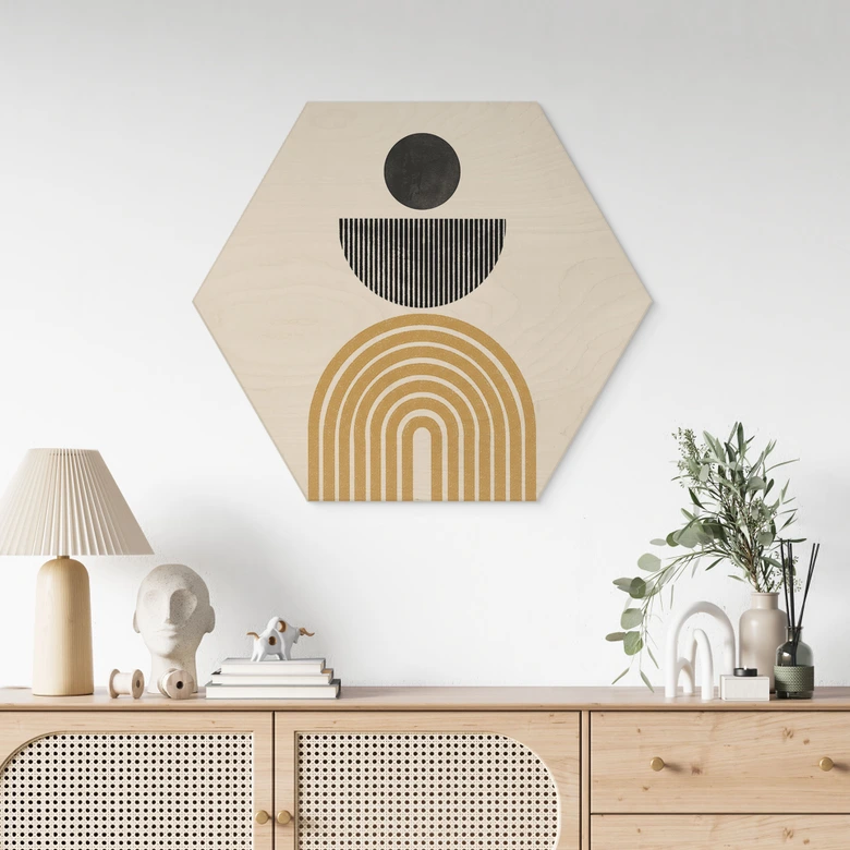 Hexagon Holzbild Abstrakte Komposition mit Kreis und Halbbogen - The Miuus Studio 